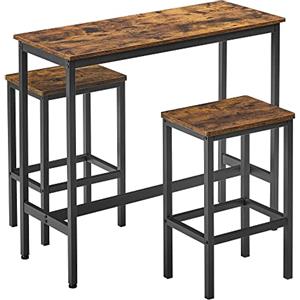 VASAGLE Tavolo Alto, Set di Tavolo e Sgabelli da Bar, Tavolo da Colazione con Set di 2 Sgabelli, Struttura in Acciaio Industriale, Marrone Vintage e Nero Inchiostro LBT218B01