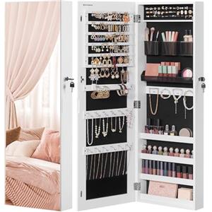 SONGMICS Armadietto Portagioie da Parete o Porta, Specchiera Portagioielli con Serratura, 2 Organizzatori per Cosmetici in Plastica, Idea Regalo, Bianco JJC001W01