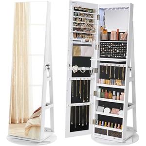 SONGMICS Specchio Portagioie con 6 Luci a LED e Chiusura, Armadietto Portagioie Girevole a 360° Specchio a Figura Intera senza Cornice, 3 Ripiani, Superficie Bianca, Fodera Nera JJC007W01