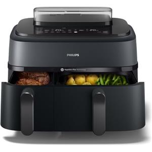 Philips Airfryer Serie 5000 doppio cestello con vapore-Frittura ad aria, cottura a vapore o combinata 19 metodi di cottura; Capacità 9L (3L + 6L), Tecnologia RapidAir Plus, Auto SteamClean (NA550/00)