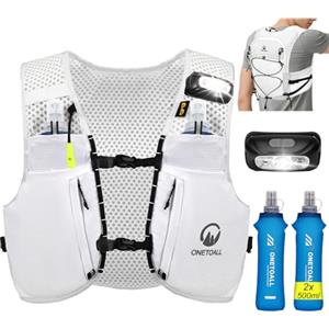 ONETOALL Gilet Running Uomo Donna, Zaino Trail Running con 2 Borraccia Morbida 500ml y Luce LED Ricaricabile, Gilet Corsa Leggero, Running Vest Zaino Corsa Zaino Idratazione per Trekking Ciclismo Sci