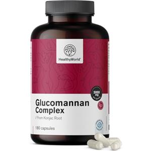 HealthyWorld Complesso di glucomannano 3000 mg - Dalla Radice di Konjac - 180 capsule - Con aggiunta di Colina, Cromo, Vitamine D3 e B3 - Senza OGM - Scorta per 1 mese