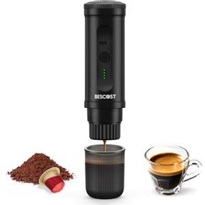 BESCOST Macchina Caffè Portatile 20 Bar, Auto-Riscaldamento 3 Min, Batteria 9600mAh USB-C, Compatibile con Capsule NS e Caffè Macinato,Libertà di Espresso Ovunque Campeggio Auto Camper Barca Ufficio