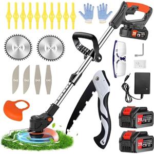 Ginzyaiy Decespugliatore a Batteria， 21V Tagliabordi a Batteria, Decespugliatore Elettrico con 2 2.0Ah Batterie e 3 Tipi di Lame, Altezza regolabile e testa girevole a 90°Per Il Taglio Di Giardini