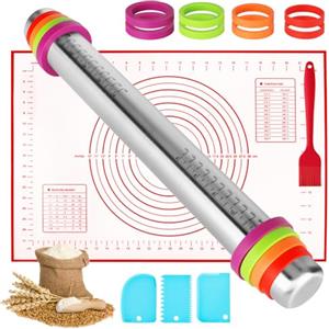 TOSUTO Mattarello in acciaio,Mattarelli Antiaderenti,Mattarello Regolabile con 8 Anelli di Spessore,con Tappetino da Forno in Silicone Pennello Olio,per La Preparazione di Pane,Cookie,Pastry Dough