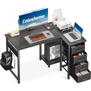 Coleshome Scrivania Angolare, 100x70cm Scrivania a L con 4 Cassetti, Tavolo Computer Reversibile per Ufficio/Camera da Letto, Nero