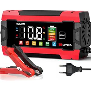 Husgw 12V 10A Caricabatterie per Auto，LiFePO4 Caricabatteria per Moto, Processo di Carica a Tre Fasi, Molteplici Funzioni di Sicurezza, Adatto per Auto, Moto, AGM, GEL, Wet, SLA e LiFePO4 (Rosso 10)