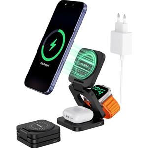 KU XIU X55 Turbo Qi2.2 25W Caricatore Wireless per Magsafe, Pieghevole Stazione di Ricarica 3 in 1, Magnetico Wireless Charger Base per iPhone 17-12 & Watch & AirPods, Adattatore incluso, Nero