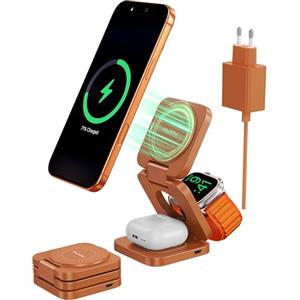 KU XIU X55 Turbo Qi2.2 25W Caricatore Wireless per Magsafe, Pieghevole Stazione di Ricarica 3 in 1, Magnetico Wireless Charger Base per iPhone 17-12 & Watch & AirPods, Adattatore incluso, Arancio
