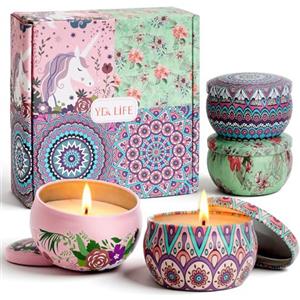 YD LIFE Set Regalo di 4 Candele Profumate in Scatole Metalliche, Cera di Soia Naturale, Stoppino in Cotone, 10% Oli Essenziali, Ideale per Feste, Matrimoni, Compleanni