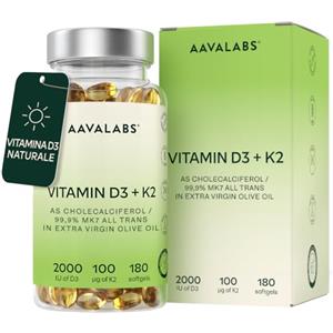 AAVALABS Vitamina D3 K2 Alto Assorbimento Olio Extravergine d'Oliva - Vitamina D3 2000 UI + Vitamina K2 MK7 100 μg - Vitamina D 2000 UI e Vitamina K - 180 Capsule