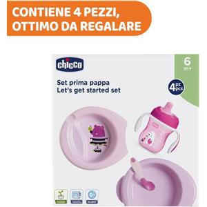 Chicco Set Pappa 6M Rosa - Tazza Training, Cucchiaio Angolato e Piatto Pappa Calda, 0% BPA