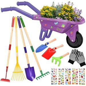 JONRRYIN Carriola per Bambini, Set Giardinaggio Bambini con Guanti, Vanga e Rastrello, Carriola da Giardino per Esterni, Giochi Educativi Bambini (Violet)