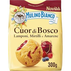 Mulino Bianco Biscotti Frollini Cuor di Bosco, con Lamponi, Mirtilli e Amarene, Colazione Ricca di Gusto, Senza Olio di Palma - 300 g
