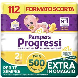 Pampers Progressi Mini, Taglia 2 (3-6 kg), Formato Scorta, Indicatore di Bagnato, Pelli Delicate, Linguette Rinforzate, Anti-Fuoriuscite, 112 Pannolini Neonato + 500 Punti Omaggio