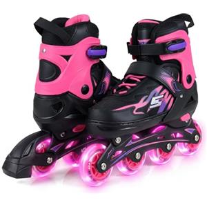 COSTWAY Pattini in Linea a 4 Ruote per Bambini, Pattini a Rotelle Regolabili in 4 Taglie, con 4 Ruote Illuminate e Protezione di Sicurezza, da Interno ed Esterno, per 5-14 Anni (34-37 M,Rosa)