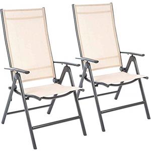 BAKAJI Set 2 Sedie Pieghevoli Struttura in Alluminio Schienale Reclinabile con Braccioli e Rivestimento Texilene per Campeggio Spiaggia Giardino (Beige)