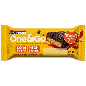 Pesoforma | One&Go Pasto Sostitutivo Barretta Fondente Caramello Low Sugar, 62g, 1 Pasto Completo, 16g Proteine, 210 kcal, High Protein