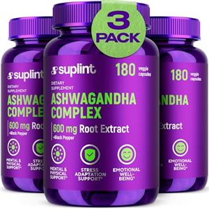 SUPLINT Ashwagandha in Capsule - Estratto di radice 20:1 = 12.000 mg di pura polvere di radice di Ashwagandha per porzione con il 5% di Withanolidi - Alta Concentrazione - 180 Capsule Vegane (3 Pack)