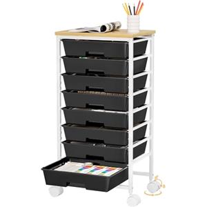 Yorbay Carrello portaoggetti con 8 cassetti: carrello multiuso per ufficio, soggiorno, in legno, ruote bloccabili, carrello da cucina multifunzione (nero)