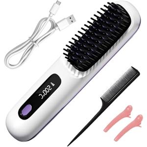 KUWUNG Spazzola Lisciante per Capelli, Spazzola Lisciante Senza Fili, Spazzola Capelli Ricaricabile Elettrica Portatile per Capelli Corti con 3 Livelli di Calore e Display LED