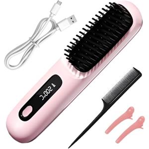 KUWUNG Spazzola Lisciante per Capelli, Spazzola Lisciante Senza Fili, Spazzola Capelli Ricaricabile Elettrica Portatile per Capelli Corti con 3 Livelli di Calore e Display LED