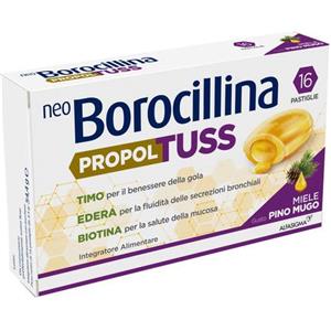 Alfasigma NEOBOROCILLINA PROPOLTUSS - Integratore Alimentare con Propoli e Miele per il Benessere della Gola, 16 Pastiglie al Gusto Pino Mugo