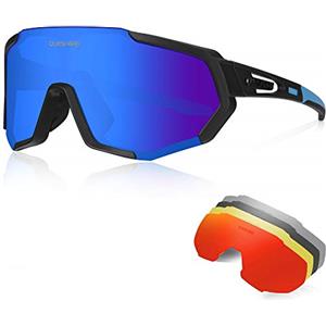 Queshark Occhiali Ciclismo Polarizzati con 5 Lenti Intercambiabili Occhiali Bici Antivento e Antiappannamento Occhiali Sportivi da Sole Anti UV da Uomo Donna per Corsa, MTB e Running