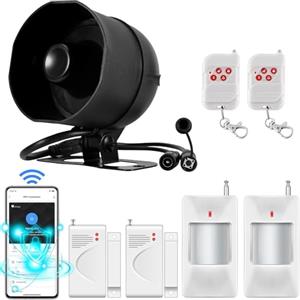 TOWODE Sistema di allarme Kit WIFI, Allarme Casa da 120 dB con sensore di movimento, sensore per porte e finestre e Telecomando, Antifurto Sistema di Allarme per capannoni, camper, garage(Nero)