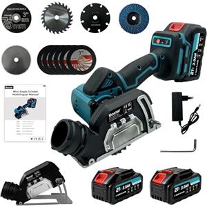 Bostar 21V Mini Sega Circolare & Smerigliatrice 76mm - Motore 19.500 giri/min, Profondità 0-20mm (Piastra Guida), 2x Batterie 3.0Ah & Kit 11 Accessori - Compatibile con Makita 18V LXT