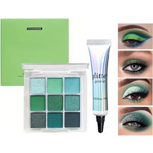 Bploar Palette Ombretti 9 Colori Matte E Glitter, Waterproof, Sfumatura Matte Scintillante, Ombretto Altamente Pigmentato, Palette Trucco Occhi (Verde, 1)