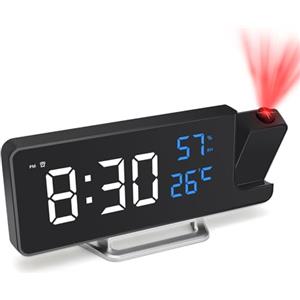Foyucool Sveglia con Proiettore Alimentata a Corrente, Orologio da Comodino con Backup a Batteria, Proiezione 180° Soffitto Parete, Caricatore USB, Data Temperatura, per Camera da Letto