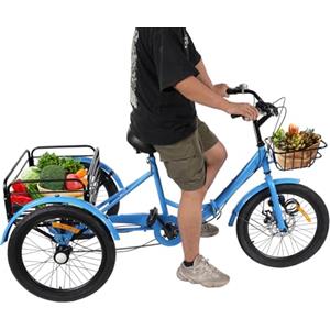 Begoniape triciclo da 20 pollici, triciclo a 7 marce, pieghevole, 3 ruote per adulti e anziani, triciclo regolabile, triciclo da città con cestino, capacità di carico 130 kg (blu)