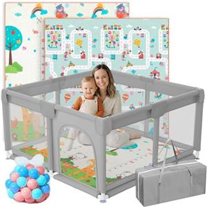 JUPPLIES Box Bambini 120×120 cm - Recinto Gioco per Neonato 6-24 Mesi, Rete Traspirante 360°, Struttura Antiscivolo e Robusta, Facile da Montare (Grigio con tappeto + palline + borsa per il trasporto)