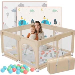 JUPPLIES Box Bambini 120x120 cm + Tappetino + 50 Palline + Borsa di Trasporto | Recinto per Bambini con Rete Traspirante (Beige)