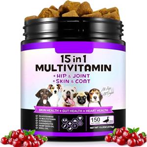 Bieyoc Caniglie Multivitamine Del Cane, 150 Masticazioni Vitamine per Cani, Integratori d'anca e Articolari, Sistema Immunitario, Pelle e Cappotto, Tutte le Età e Razze, Sapore di Anatra