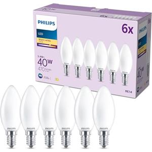 Philips Lampadina LED smart B35 E14, Smerigliata, Confezione da 6 | 40 W, Design Oliva, 470 lm, Luce bianca calda, 2700 K, Maggiore durata 25000 ore, Efficienza energetica
