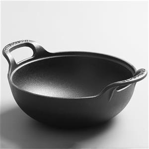 Getdoublerich Padella wok in ghisa, non rivestita, a doppio manico, fondo piatto, antiaderente, con coperchio in legno, per wok tradizionale cinese, per mescolare e cucinare in modo sano (A)