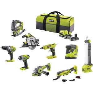 Ryobi - Confezione di 9 strumenti 18 V ONE+: Trapano, Avvitatore a urti, Smerigliatrice, Multi-Tools, Pistola a colla, Sega circolare, Sega alternativa, Lampa, Levigatrice + 2 Batterie e