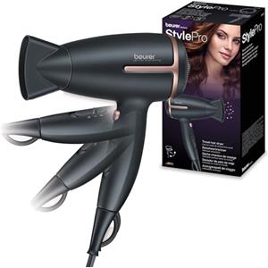 Beurer HC 25 Asciugacapelli da viaggio con funzione ionica, phon piccolo, impugnatura pieghevole e peso leggero, 1600 watt, commutazione di tensione da 110-120/220-240 V, 25,9 x 8 x 15,6 cm, nero