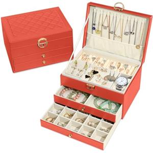 Granbest Portagioie a 3 strati, con 2 cassetti, elegante portagioie in pelle, ideale per collane, bracciali, anelli e orecchini (arancione)