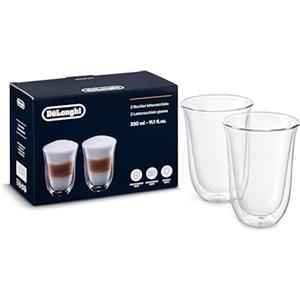 De'Longhi Bicchieri Cappuccino, Tazze di Vetro per Latte Macchiato, Vetro Borosilicato ritenzione del calore, Capacità 220ml, Set di 2, DLSC312, Trasparente