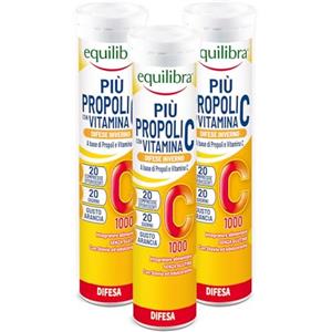 Equilibra Integratori Alimentari, Più Propoli con Vitamina C, Integratore per la Normale Funzione del Sistema Immunitario, Propoli e Vitamina C, Gusto Arancia, 3 Pezzi da 20 Compresse Effervescenti