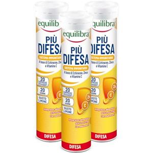 Equilibra Integratori Alimentari, Più Difesa, Integratore per la Normale Funzione del Sistema Immunitario, con Echinacea, Zinco e Vitamina C, Gusto Limone, 3 Pezzi da 20 Compresse Effervescenti