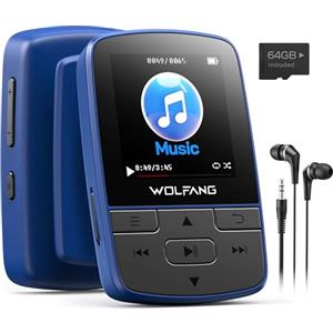 WOLFANG Lettore MP3 da 64 GB con Bluetooth 5.2, clip sportiva, formato mini, peso 28,3 g, radio FM HiF, registratore vocale, auricolari inclusi