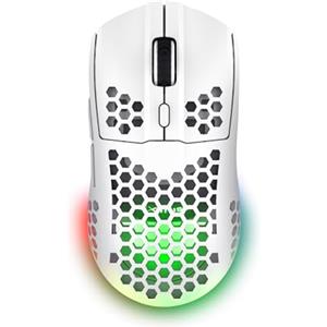 GXTrust 929W Helox Mouse Gaming Wireless Superleggero 75g, 80h di Durata Batteria, 2.4GHz Ricevitore USB, Regolazione DPI (800-4800), Illuminazione LED, Mouse Wireless Ricaricabile - Bianco