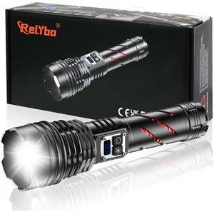 Relybo Torcia Led Potente Professionale, 1000000 Lumen Torcia Led Ricaricabile, Torce Led Alta Potenza Ricaricabili, Torcia Potente Tattica Militare, 2 Interruttori Per Campeggio Trekking Emergenza