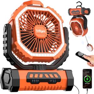lollyes Ventilatore da Campeggio con Luce, Alimentazione a Batteria 20000mAh, Ventilatore Portatile Ricaricabile con Telecomando e Gancio Rotante a 360°, 4 Velocità per Interni, Viaggi, Camper (Arancione)