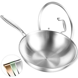 DELARLOCHEF Wok padella non rivestita con coperchio e manici: padella wok a 3 strati in acciaio inox, 32 cm, priva di PFOA, PTFE, resistente al forno fino a 400 °C