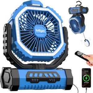 lollyes Ventilatore da Campeggio con Luce, Alimentazione a Batteria 20000mAh, Ventilatore Portatile Ricaricabile con Telecomando e Gancio Rotante a 360°, 4 Velocità per Interni, Viaggi, Camper (Blu)
